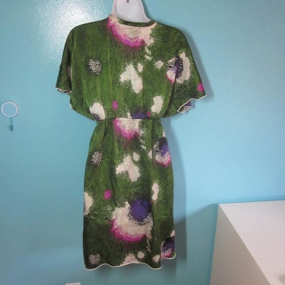 Hale Bob Anthropologie Womens Size S Green Floral Silk Pullover Kimono Dress  - Picture 12 of 13